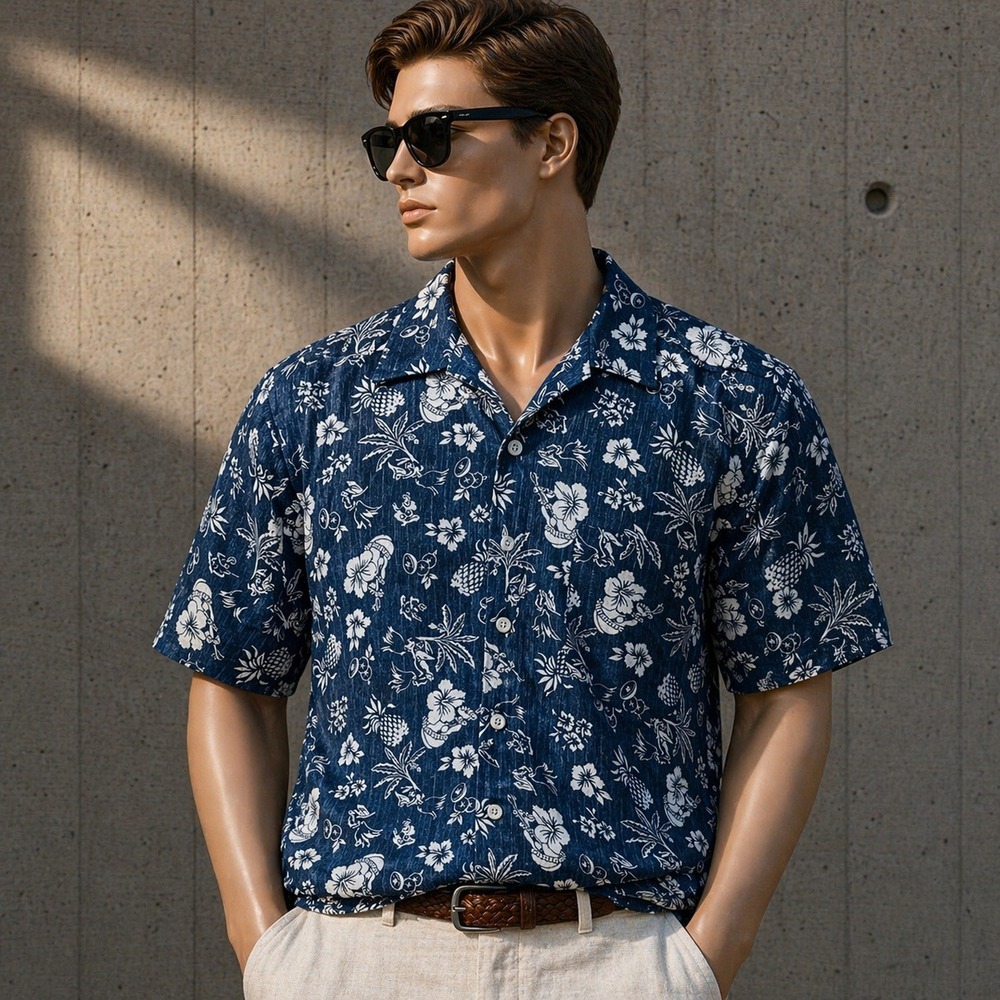 VTG Anchor Blue Mens Small Hawaiian Shirt Blue White Floral Pineapple Cotton